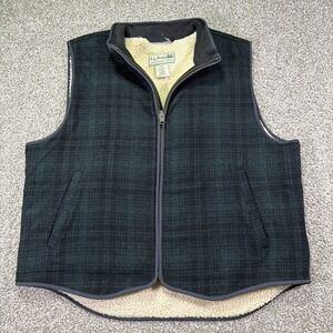 Vintage LL Bean Wool Vest Sherpa Lined Green Plaid Size XL Okay Condition